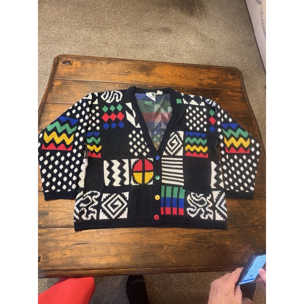 Vintage 90s Geometric Patchwork Cardigan Oversized Art Sweater Colorful Button - Picture 3 of 9